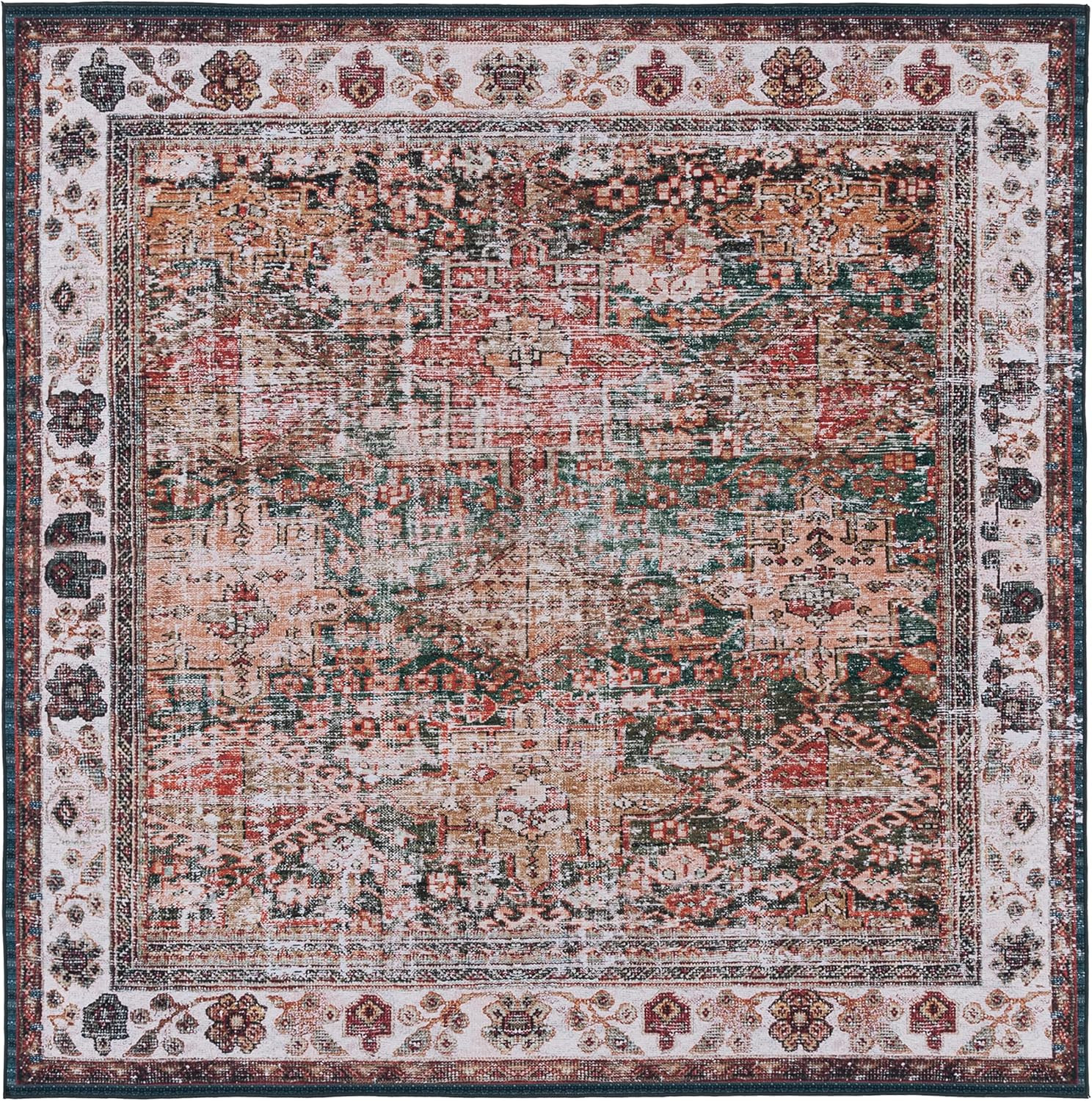 Tucson Collection Washable 8′ Square Rug – Ivory & Green, Slip Resistant