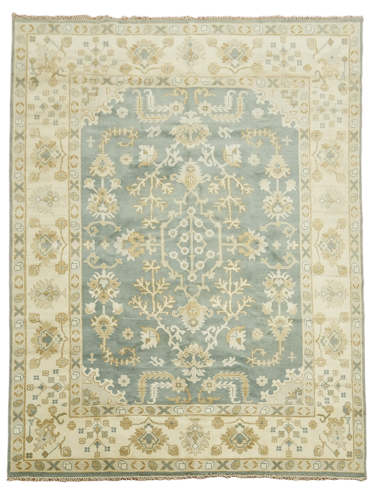 Elegant 9×12 Hand-Knotted Wool Oushak Blue and Beige All-Over Area Rug