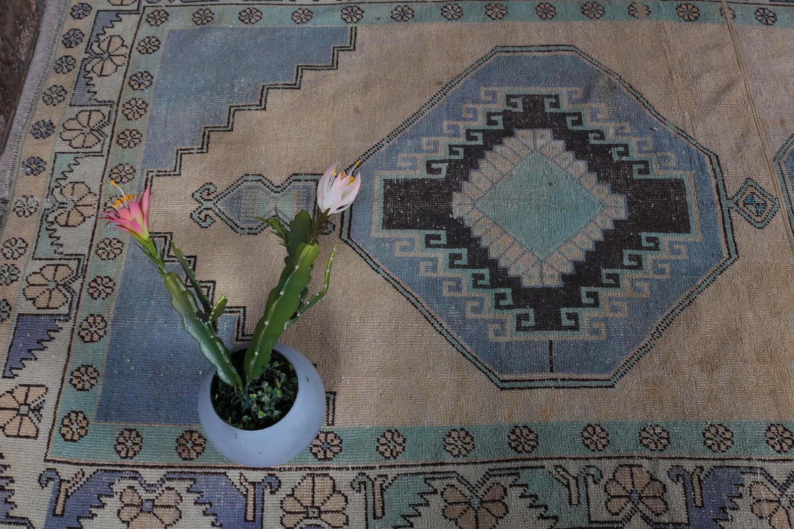 Vintage Turkish Rug, 4,4×8,9 ft Area Rug, Blue Brown Floral Rug