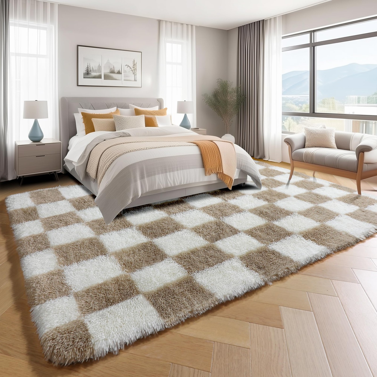 KICMOR Rugs for Living Room, 5×8 Fluffy Soft Beige and Cream White Checkered