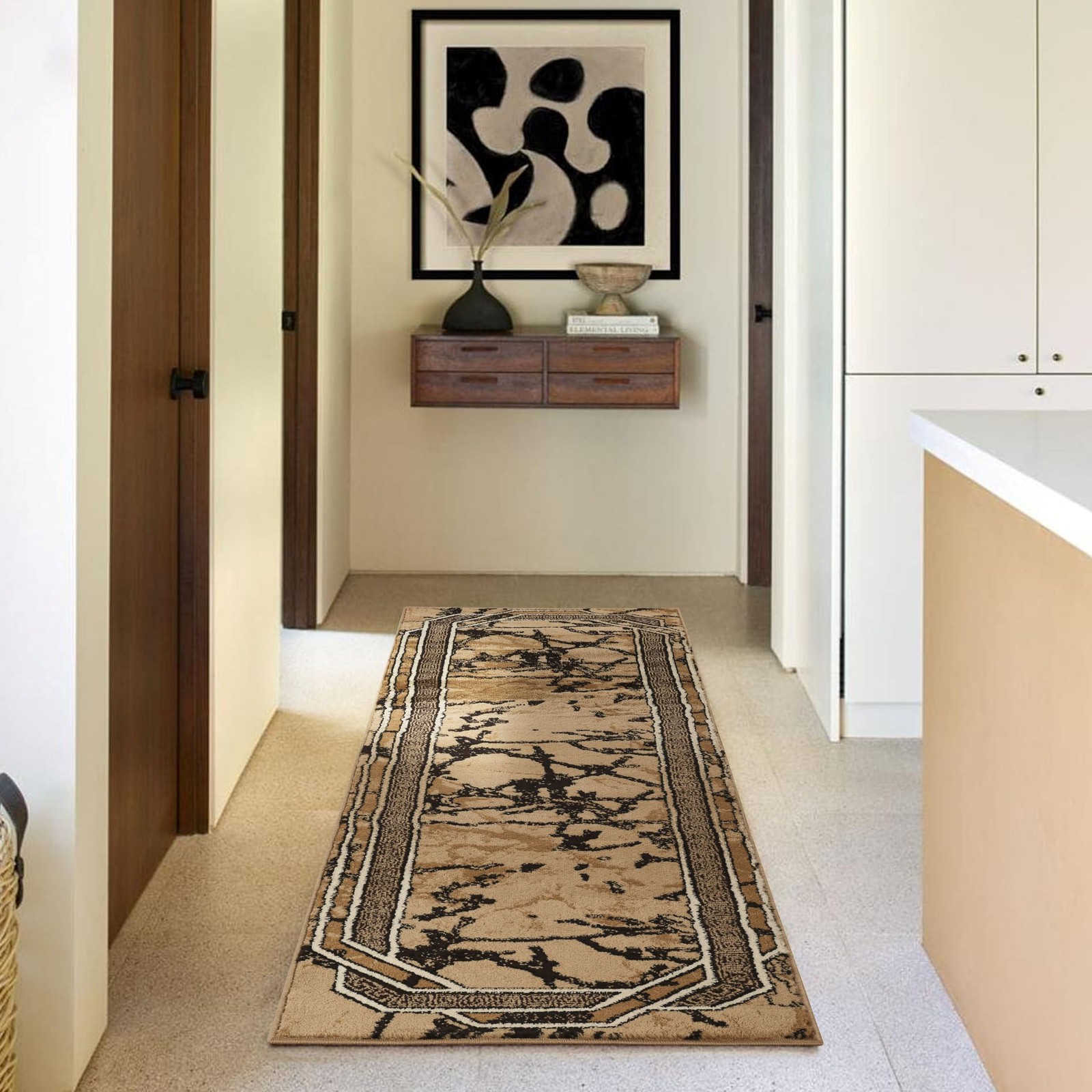 Area Rug Modern 2×7 Runner Brown Beige Black Cream Marble Soft Contemporary F…