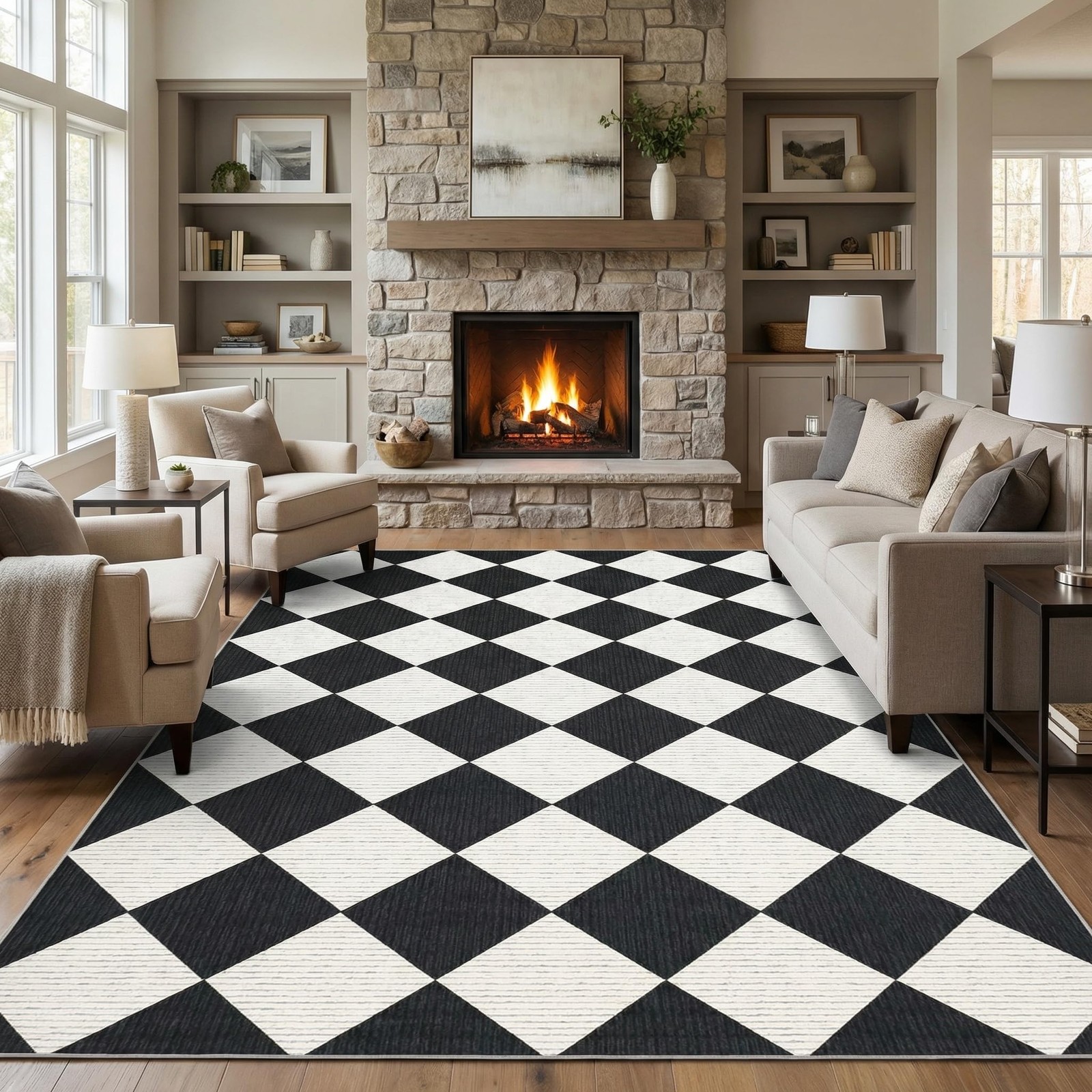 Black and White Area Rugs 8×10 for Living Room, Checkered Large Washable Rug …