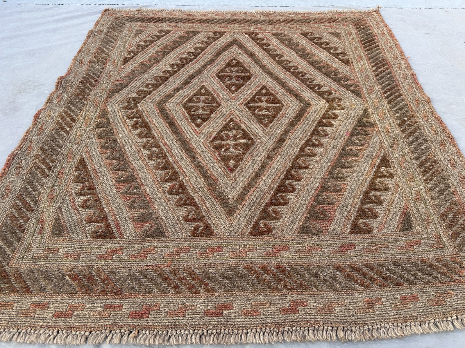 3’9 x 4 Ft Vintage Afghan Tribal Area Rug–Terracotta Mishwani Nomadic Rustic Rug