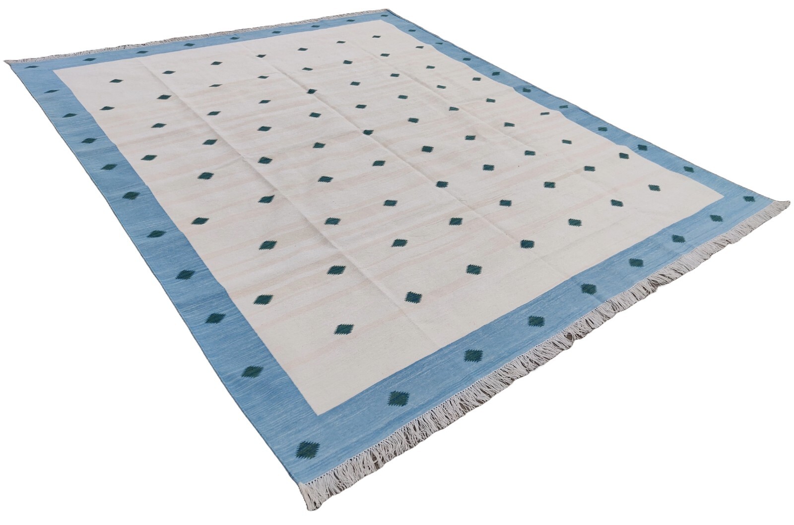 Handmade Cotton Area Flat Weave Woven Rug, Cream & Blue Indian Diamond Dhurrie