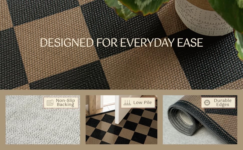 Diamond Corner Easy Jute Rug 4×6, Large Checkered Farmhouse Indoor Outdoor Patio