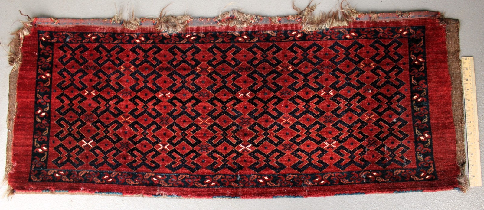 Afgan Khal Mohammadi Chuval Rug Deep Red Geometrical Pattern c. 1935 (17″ x 42″)