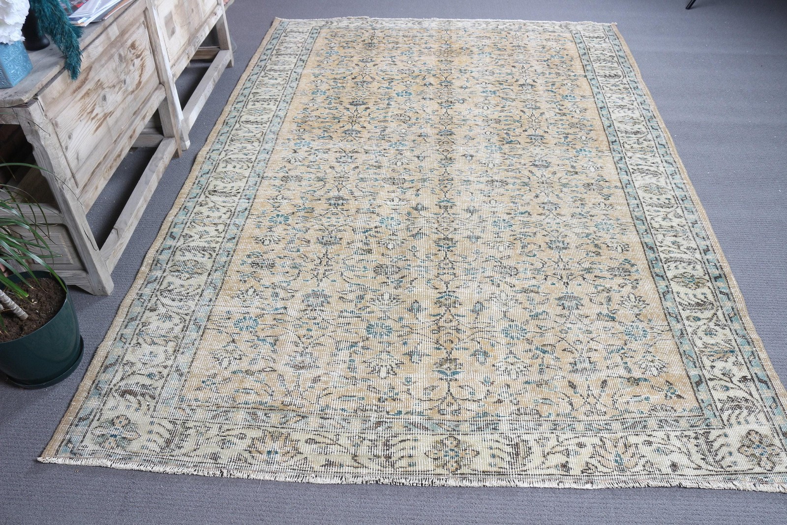 6×8,8 ft Vintage Rug, Turkish Large Rug, Blue Yellow Polka dot Rug
