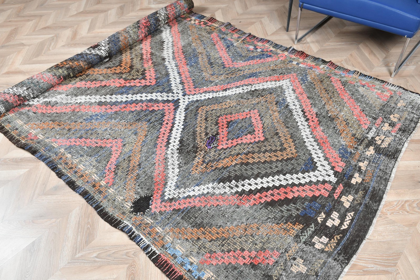 Turkish 5,9×10,6 ft Rug, Large Vintage Rug, Blue Red Patchwork Wool Rug