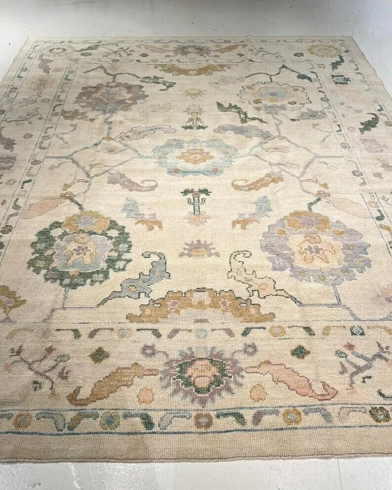 Beige Oushak Rug Floral Turkish Rug Hand-Knotted Rugs Home Decor Rug, Area Rug.