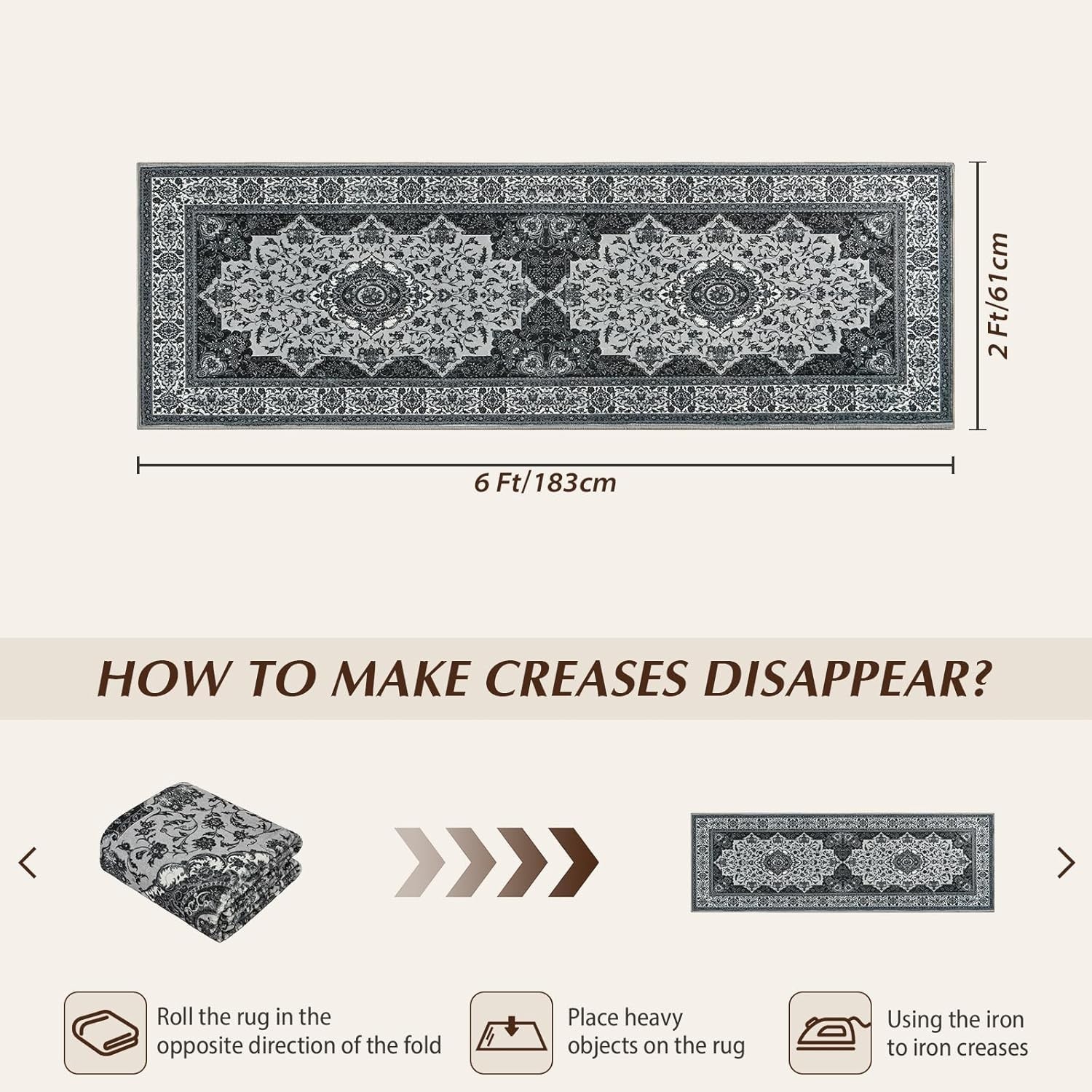 Runner Rug for Bedroom, 2x6Ft Machine Washable Area Rugs, Vintage Non-Slip Low P