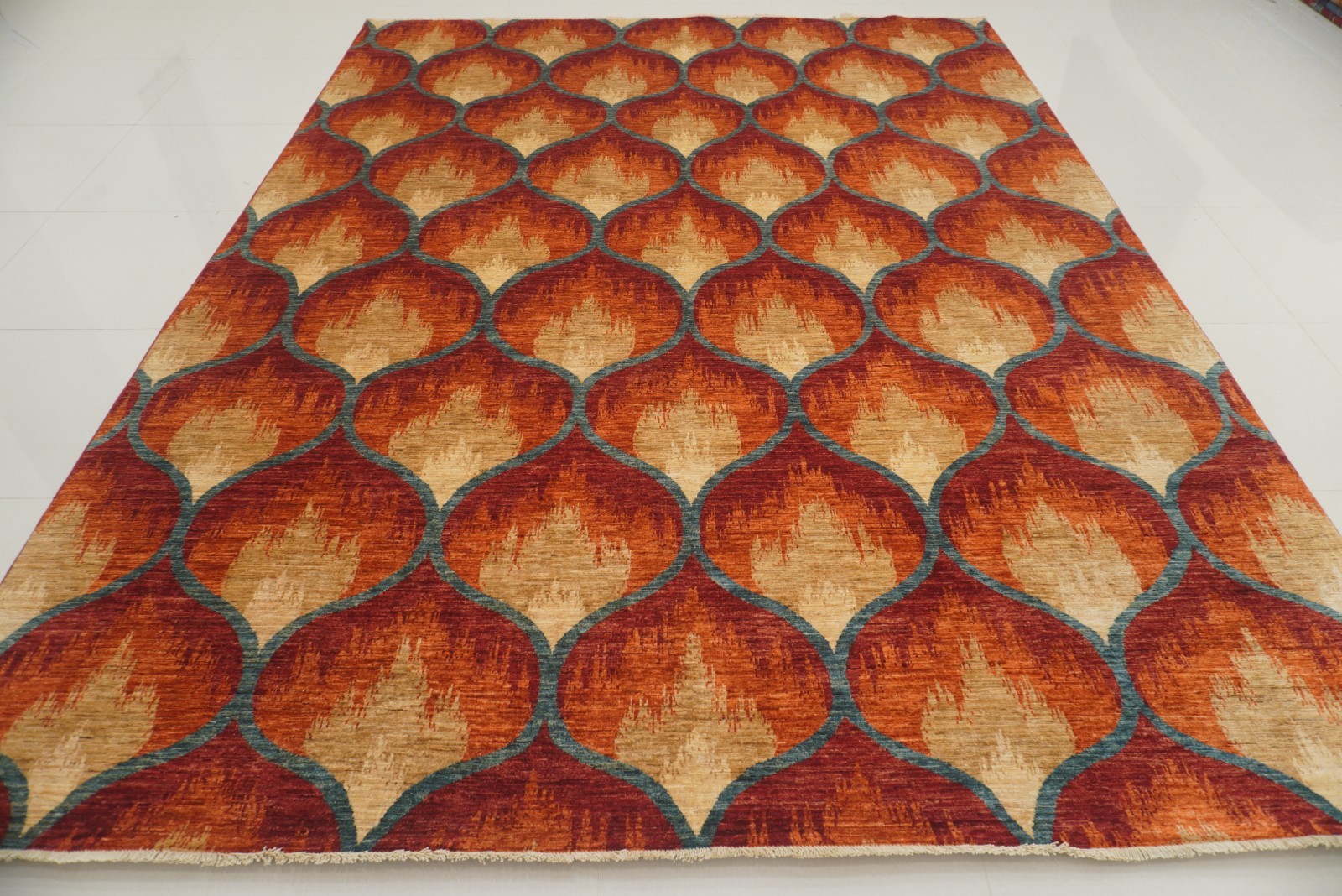 9×12 Rust Orange Ikat Afghan Hand Knotted Wool Area Rug
