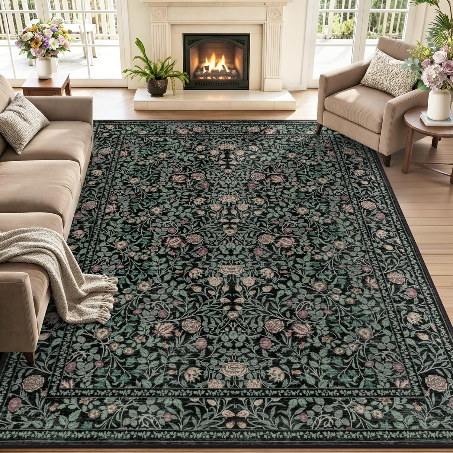 5X7 Area Rugs Living Room Rug: Floral Washable Rug Vintage Boho Soft No Slip Sta