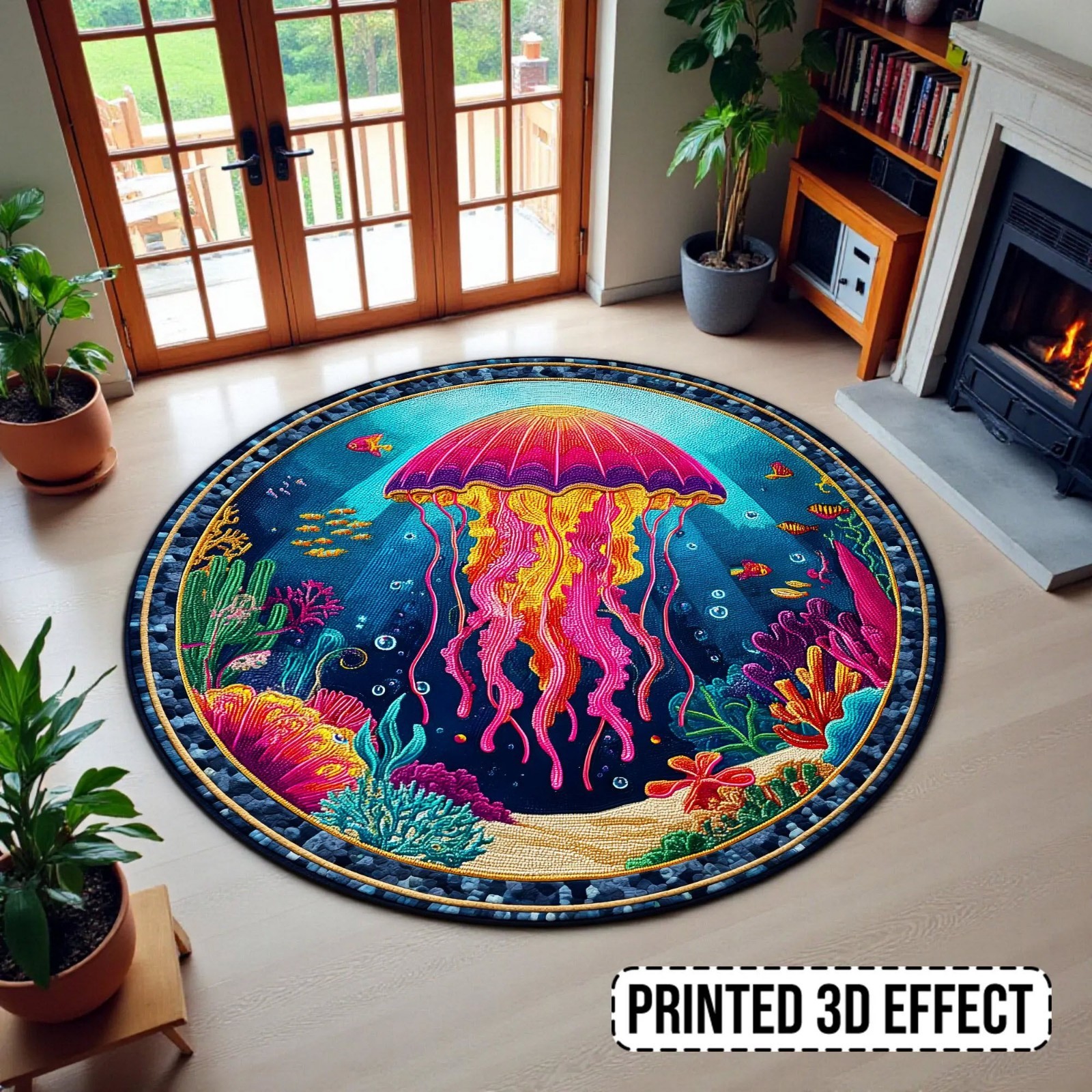 Neon Jellyfish Round Rug Ocean Coral Fantasy Marine Life Floor Mat Living Room