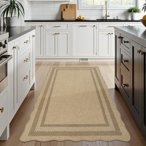 LIVEBOX 3×5 Area Rug Scalloped Geometric Tan Non-Slip Washable Indoor Outdoor Ma