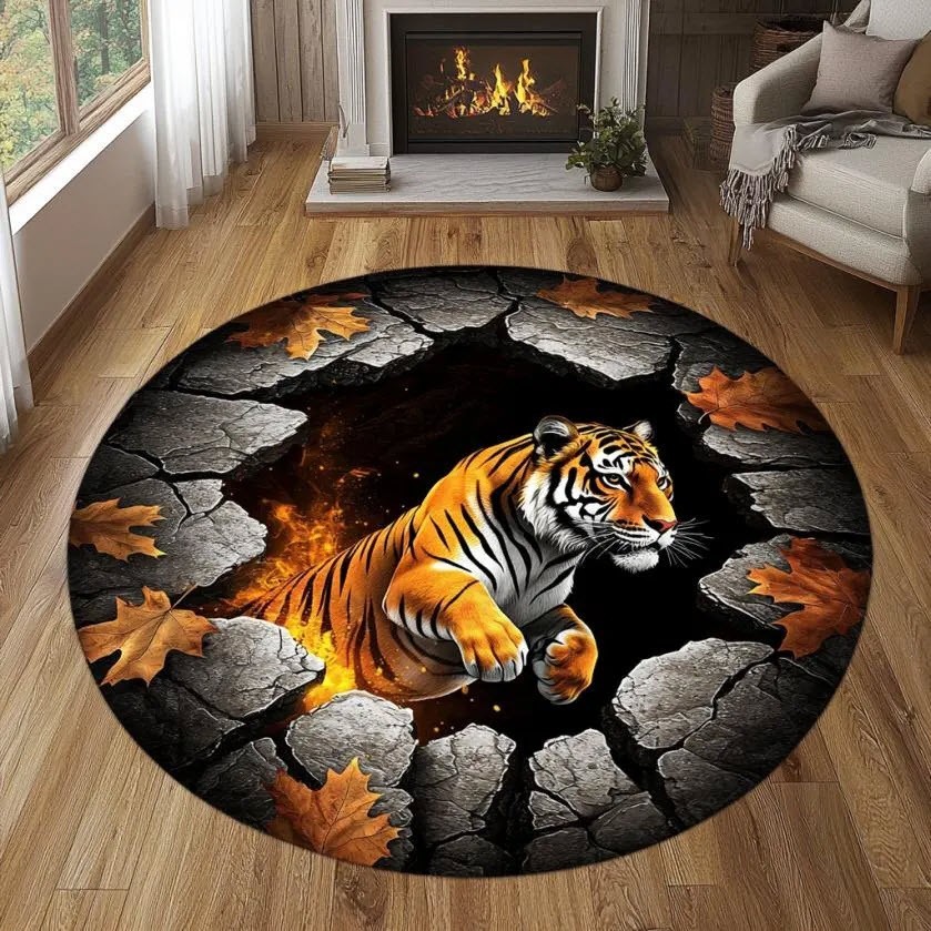 3D Tiger Round Rug Jungle Animal Carpet Wildlife Home Decor Gift for Tiger Lover