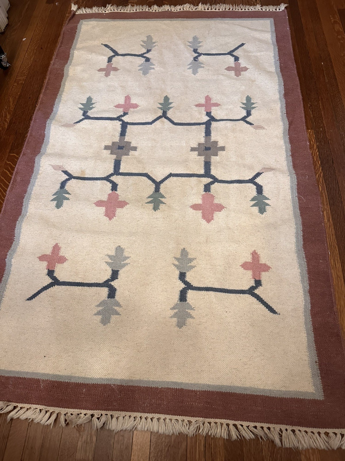 VINTAGE DHURRIE KILIM STYLE WOOL RUG 60”x36” SOUTHWEST PASTEL GEOMETRIC FLORAL