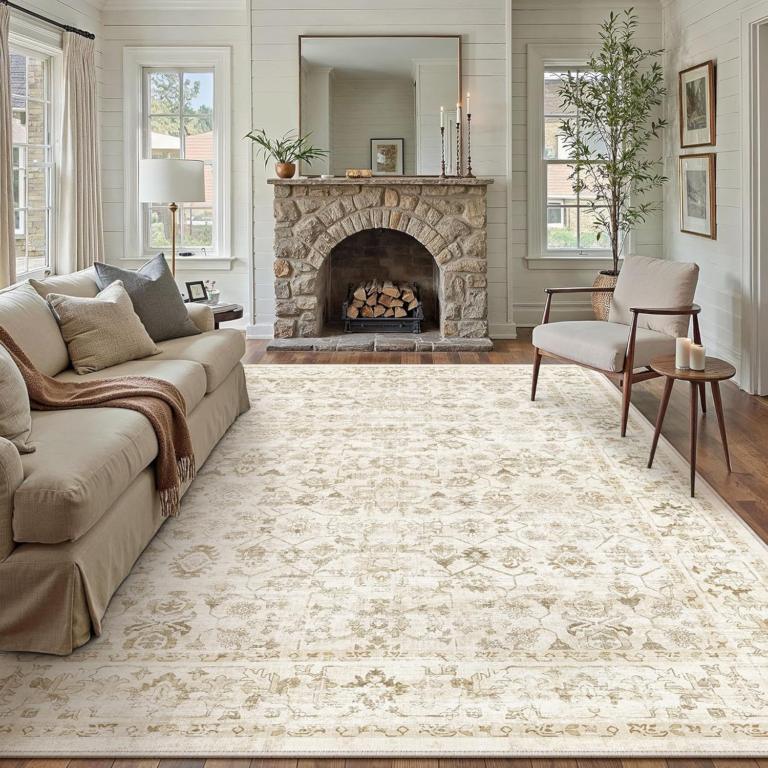 8X10 Beige Washable Area Rug Non Slip Floral Vintage Carpet | Low Pile, Soft, Li