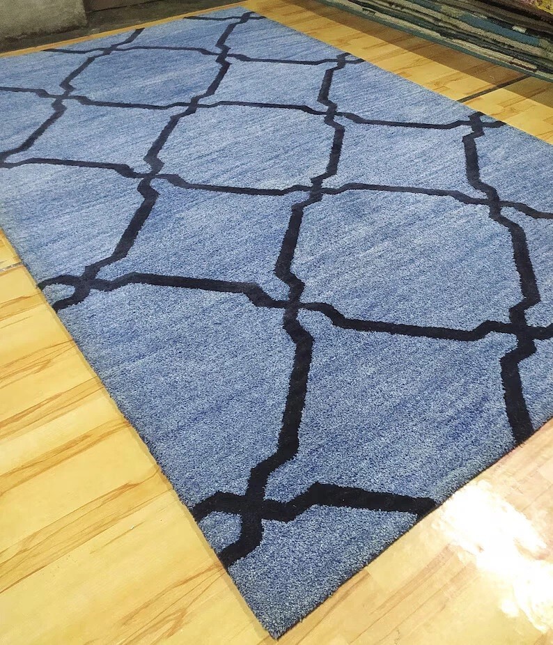 Handmade Blue & Charcoal Black Wool Hand Tufted Area Rug For Living Room Decor