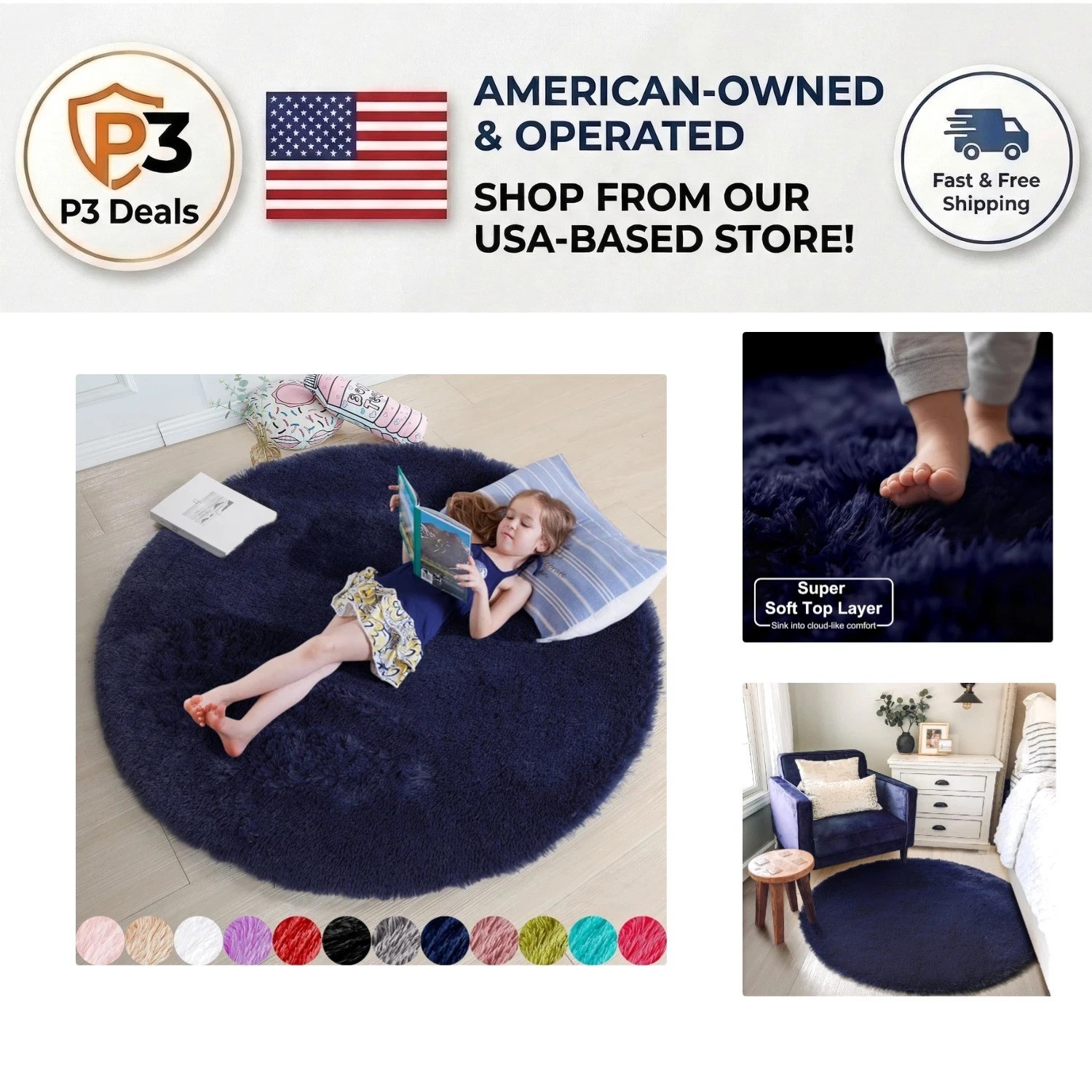 Fuzzy Circles Dark Navy 4Ft Rug – Non-Slip Plush Area Rug for Dorms & Nurseries