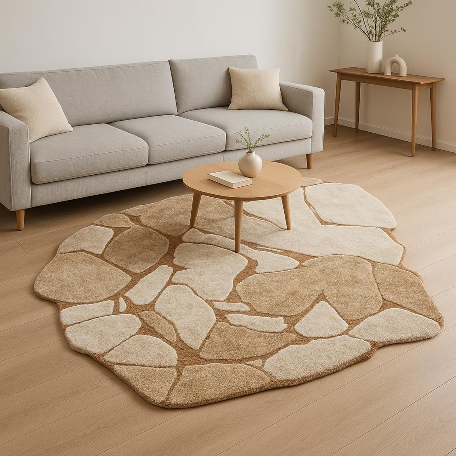 Handmade woolen Rug, Abstract Irregular Shaped Beige & Cream Or Green Or Black,