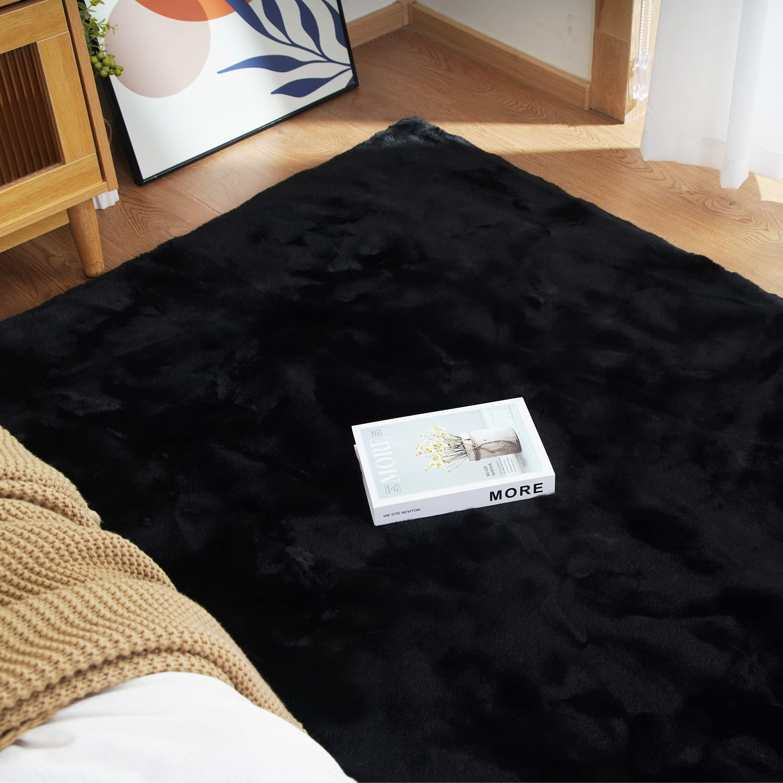 Small Black Fluffy Rug 2×3 Throw Faux Rabbit Fur Soft Rug Washable Furry Shag…