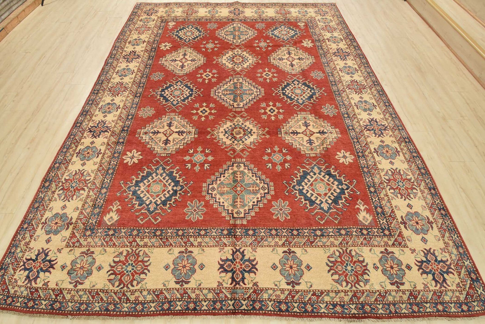 Geometric Kazak Carpet 8’3” x 10’11” Red Wool Tribal Hand-Knotted Oriental Rug
