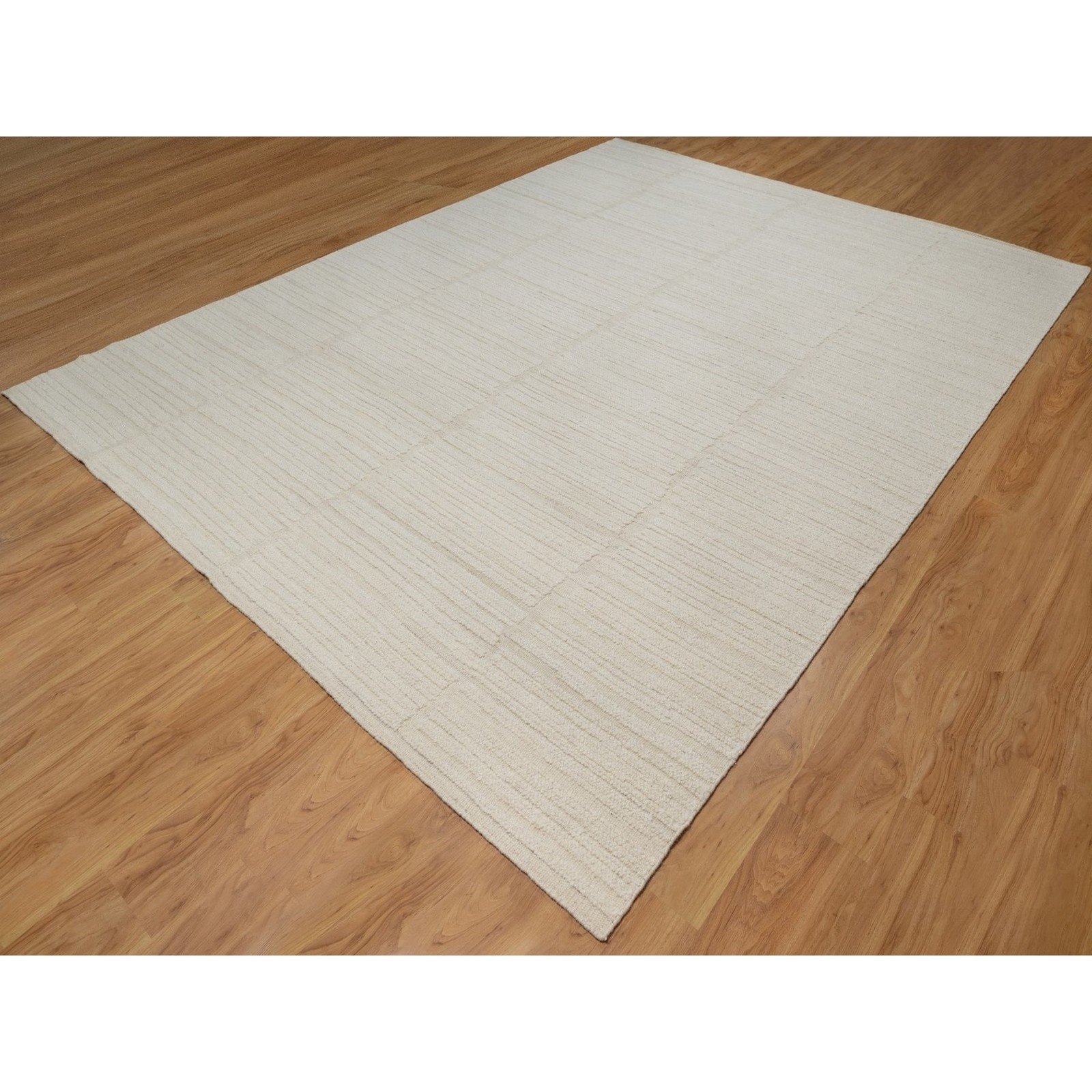 Hand Knotted Rug 9’1″x12’3″ Ivory Modern Textured Piled Flat Weave Undyed Wool