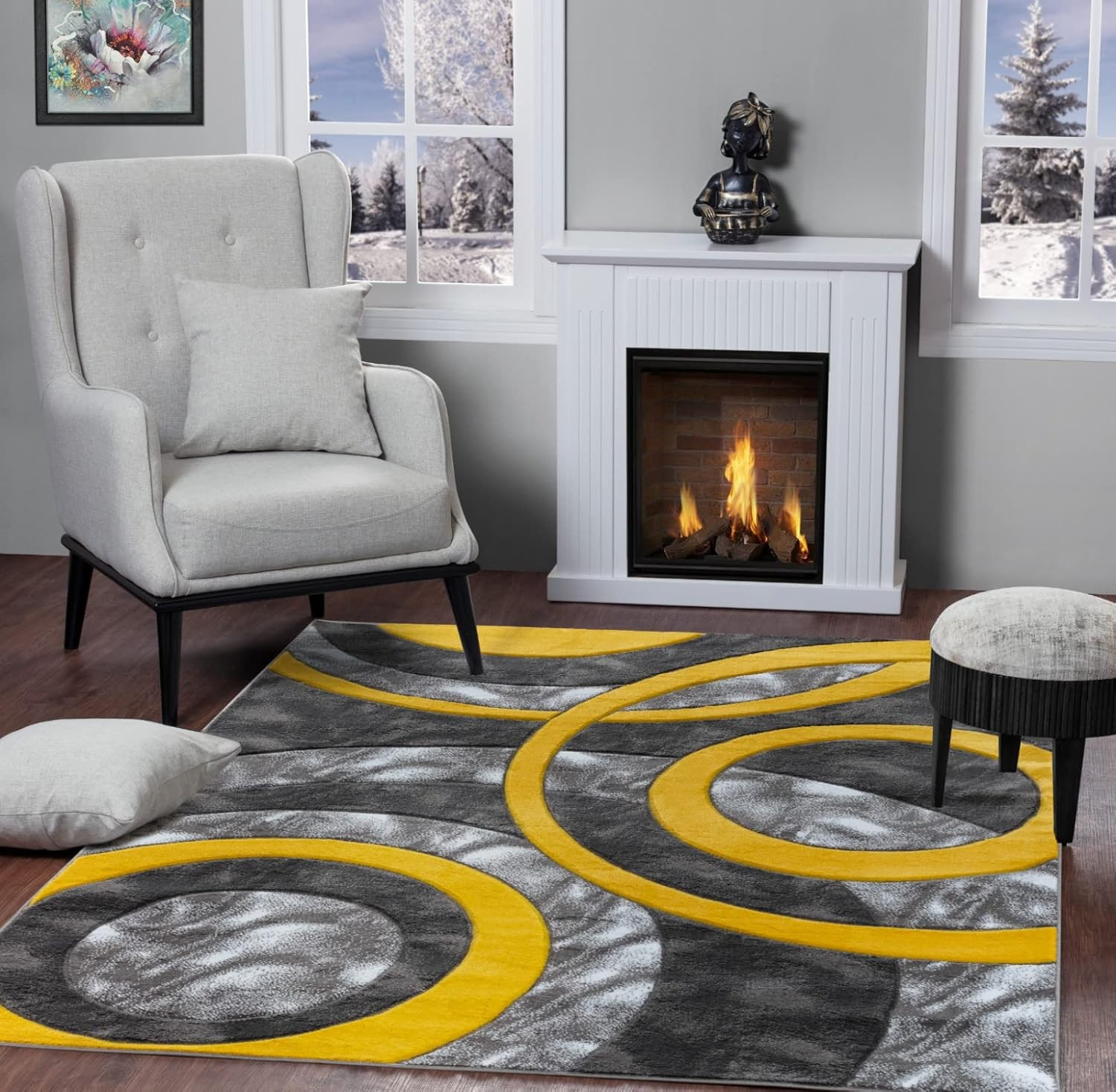 Area Rug Modern 2X3 Yellow Circles Geometry Soft Hand Carved Contemporary Floor