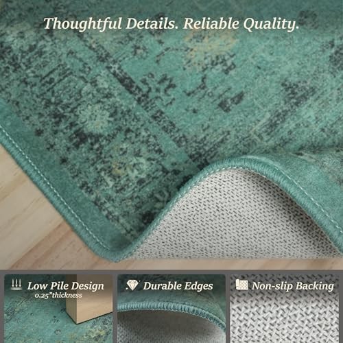 Turquoise Green 5×7 Area Rug for Living Room, Washable Non Slip Rug, Low Pile